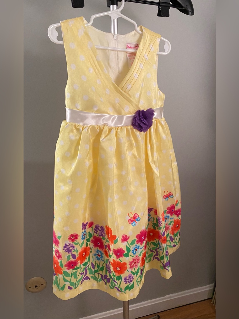 Nannette Girl Size 6 Yellow Polka Dot Floral Easter Party Dress w/ Tulle